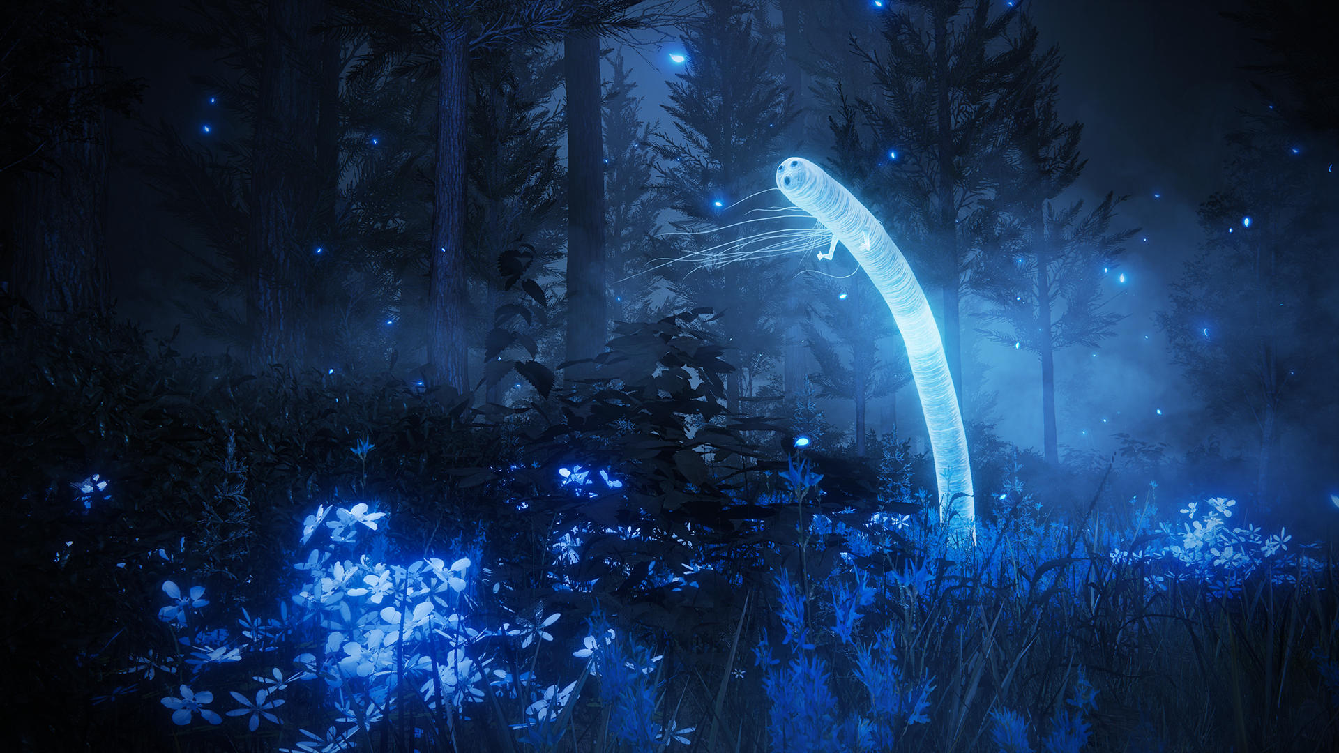 Shadow of the Erdtree verspricht wieder viele fremdartige Schauplätze wie diesen düsteren Wald, in dem magischen Blumen blaues Licht abgeben und sich ein schauriger Geisterwurm rekelt. 