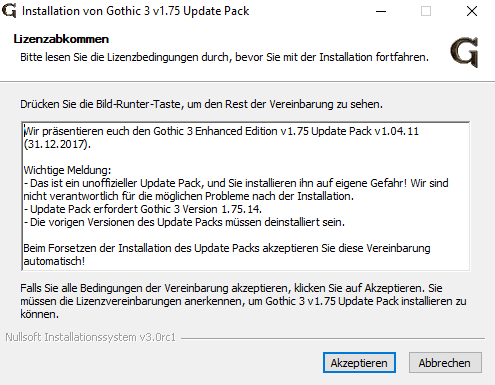 Installations-Setup des Gothic 3 Community Patch Update Pack.