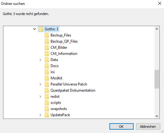 Meldung, dass Gothic 3 nicht gefunden wurde.