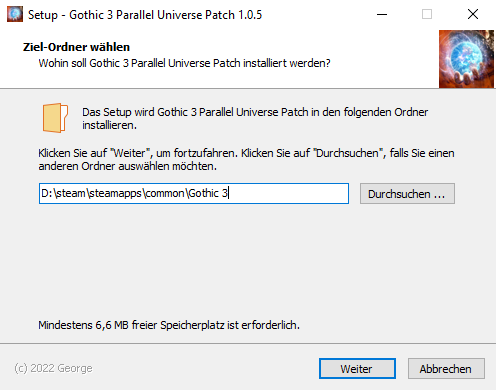 Installations-Setup des Gothic 3 Parallel Universe Patch.