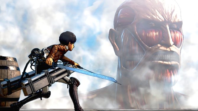 Die erste Staffel von Attack on Titan lässt sich nicht so leicht auf Deutsch streamen. Die Filme bieten jedoch eine Alternative. Screenshot des Videospiels Attack on Titan / A.O.T. Wings of Freedom, der Eren Jaeger und einen Titanen zeigt.