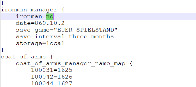 Die Speicherstand-Datei wird nach dem Schlüsselwort „Ironman“ durchsucht und alle Einträge mit „=yes“ werden auf „=no“ geändert.